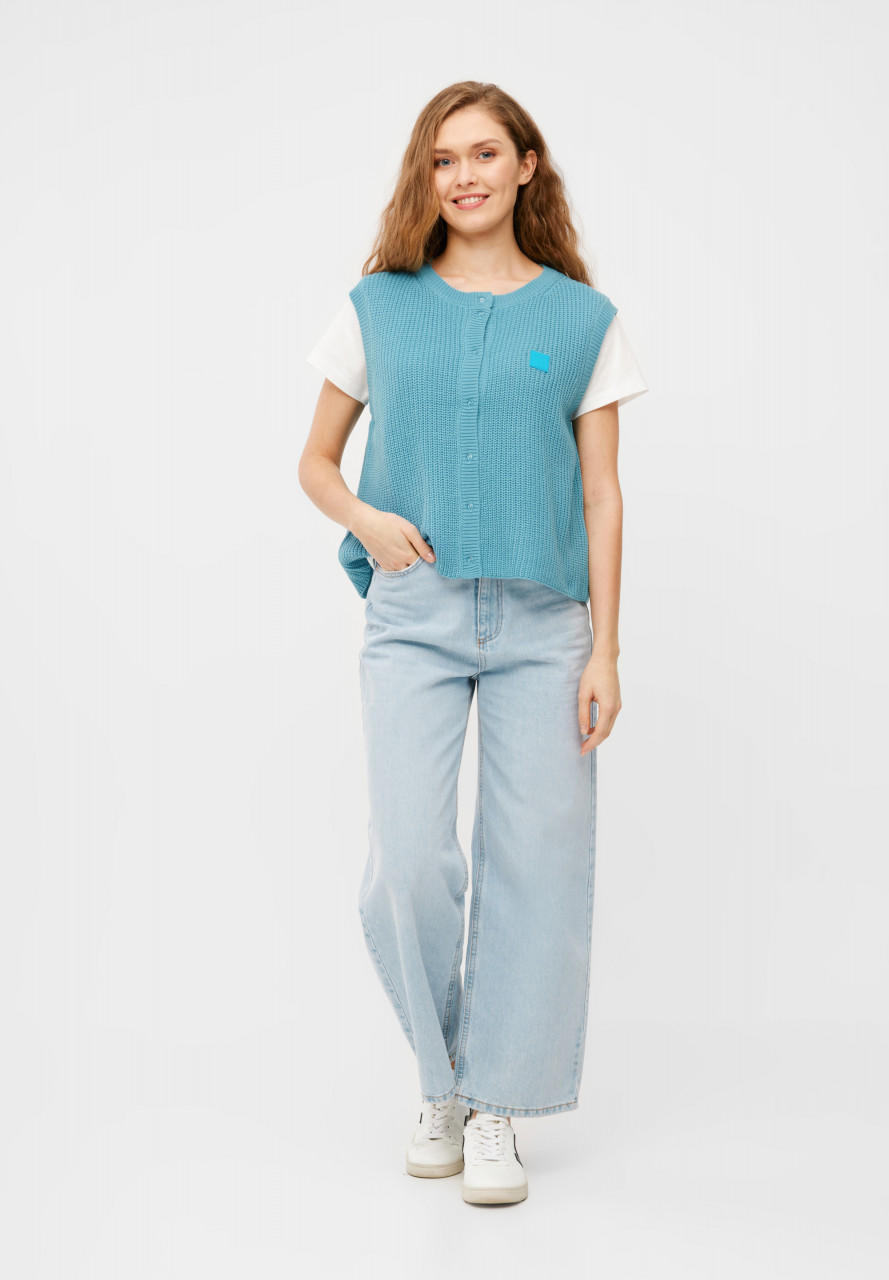 Derbe Strickpullover Basic Strick Vest Damen Türkis Hellblau Weste