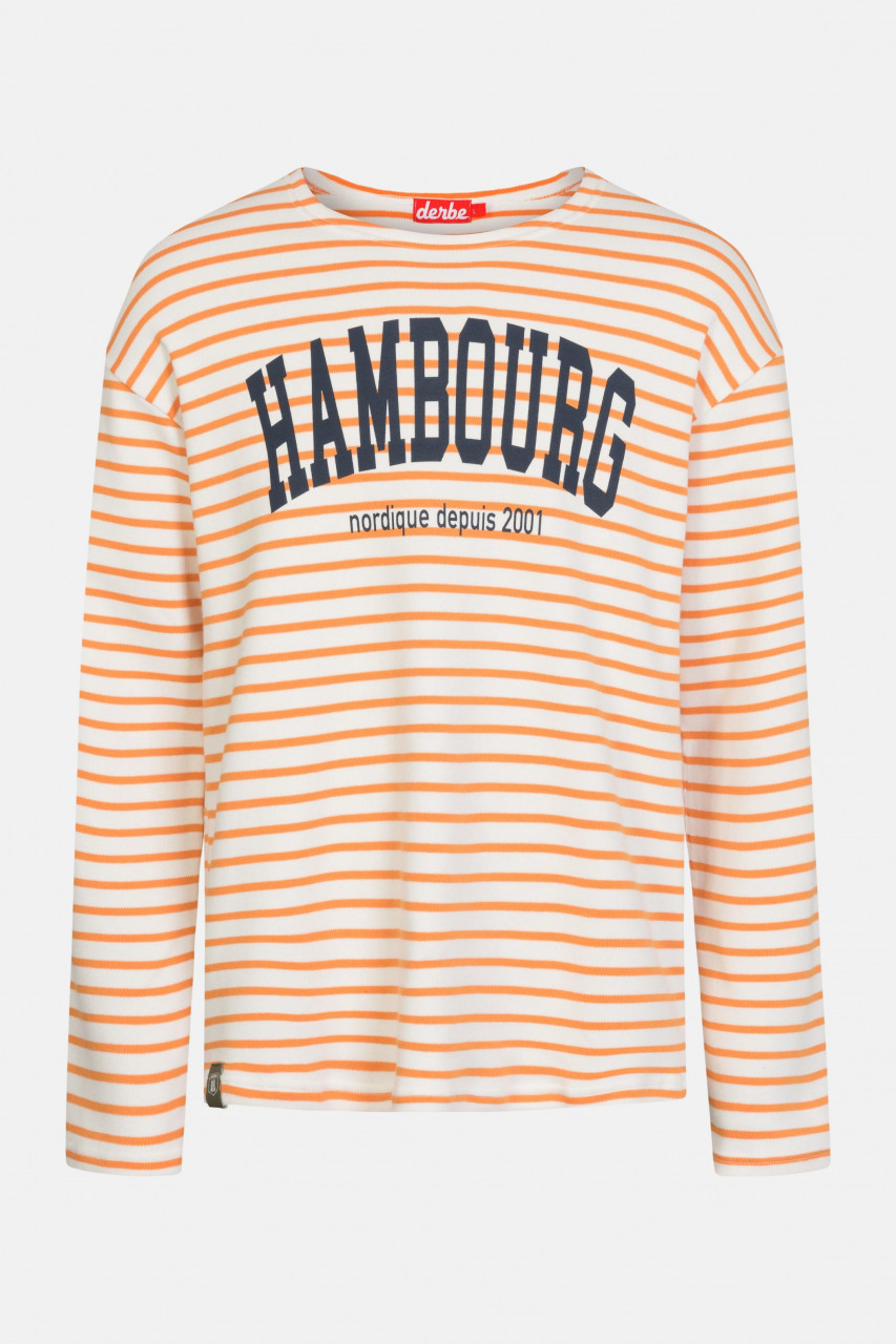 Derbe Hambourg Herren Langarmshirt Striped Offwhite Sun Orange Beige Gestreift