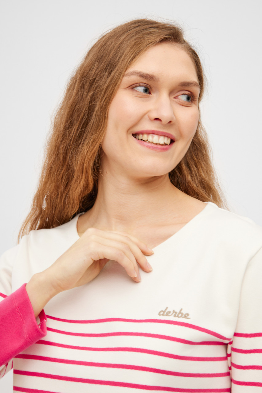 Derbe Streifenshirt Interstriped Block Damen Weiß Pink Langarmshirt GOTS Organic