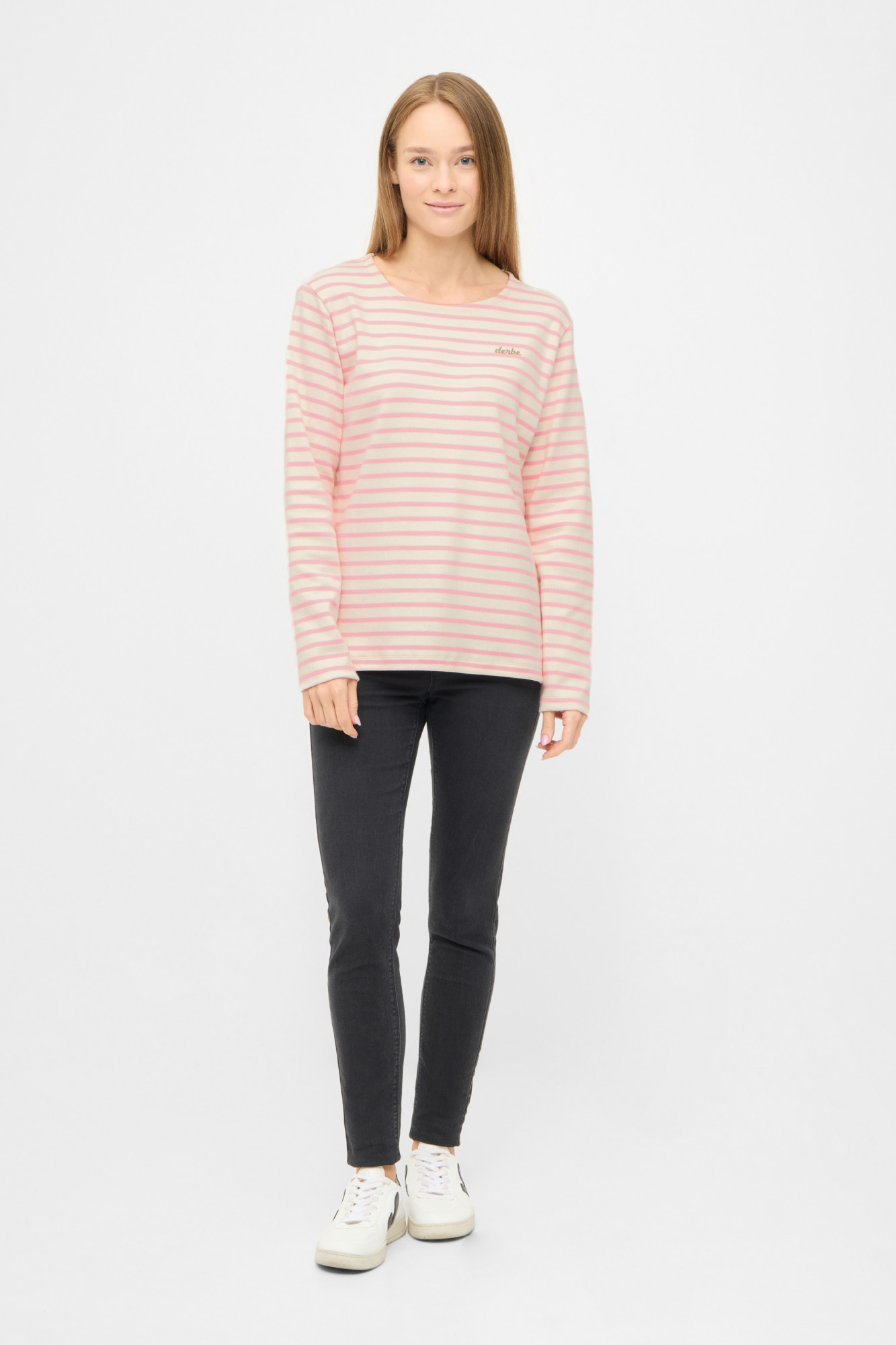 Derbe Streifenshirt Interstriped Damen Weiß Rosa Langarmshirt GOTS Organic