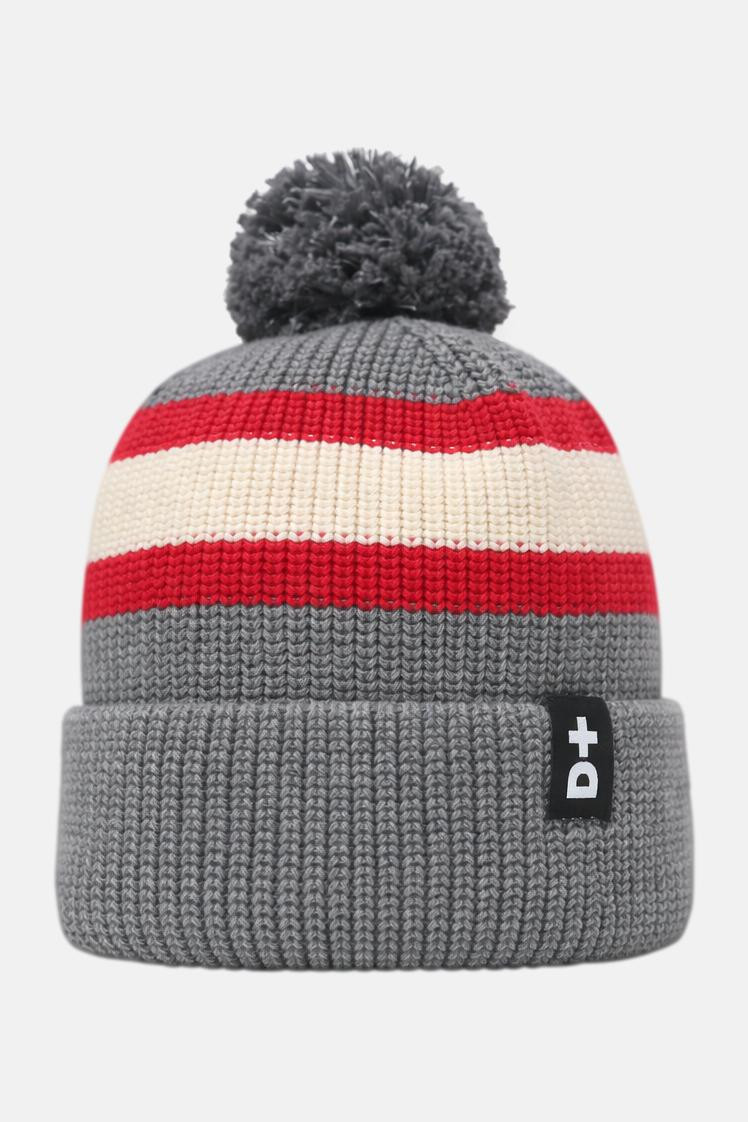 Derbe Strickmütze Lülü Bommel Grau Rot Weiß Gestreift Pudelmütze GOTS Organic