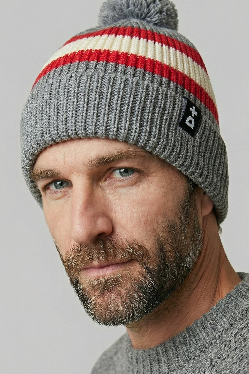 Derbe Strickmütze Lülü Bommel Grau Rot Weiß Gestreift Pudelmütze GOTS Organic