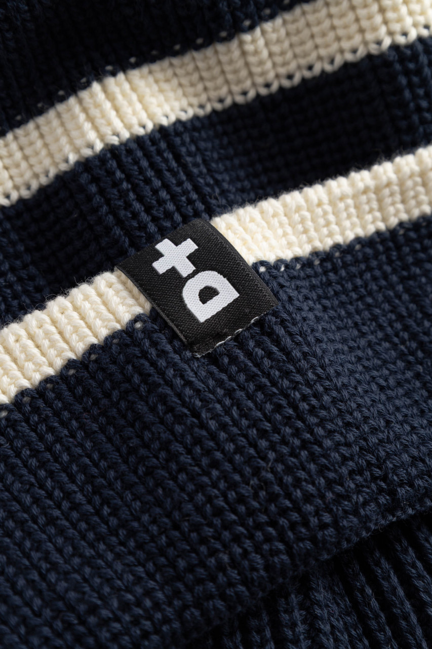 Derbe Strickmütze Lülü Striped Navy Blau Weiß Gestreift Pudelmütze GOTS Organic