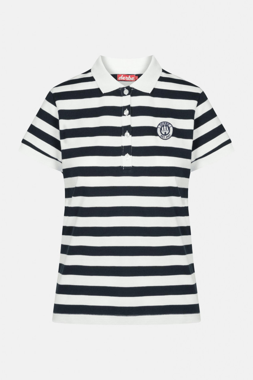Derbe Polo T-Shirt Damen Blau Weiß Gestreift Retro