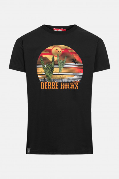 Derbe Rocks Herren Cowboy T-Shirt Western Kaktus Black Schwarz