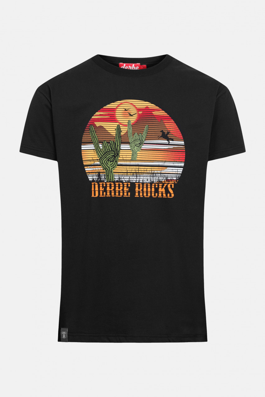 Derbe Rocks Herren Cowboy T-Shirt Western Kaktus Black Schwarz