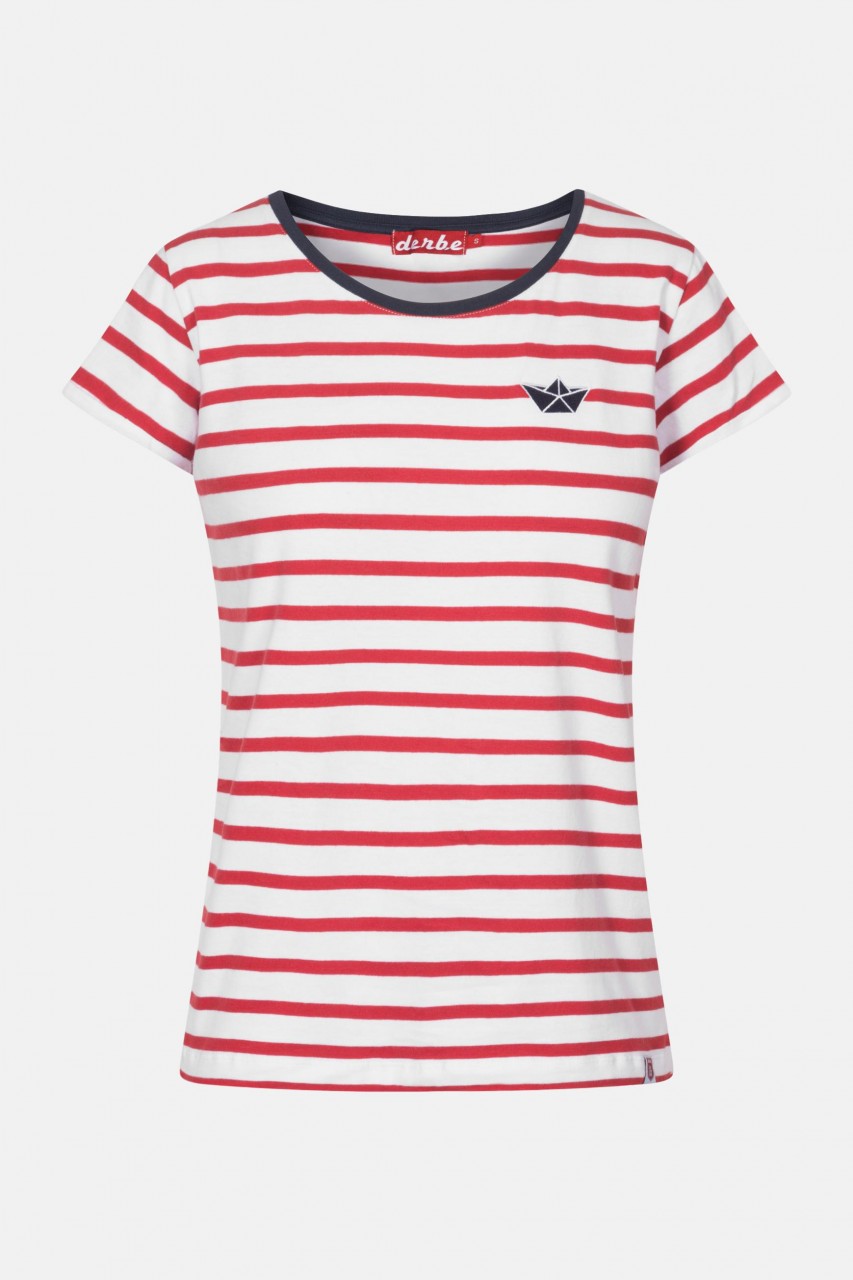 Derbe Small Ship Rot Damen T-Shirt Streifenshirt Bio Baumwolle