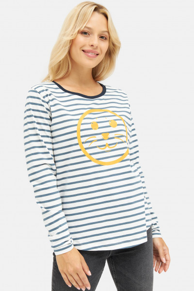 Derbe Robsmile Damen Longsleeve Langarmshirt Orion Blue Gestreift Smiley Robbe