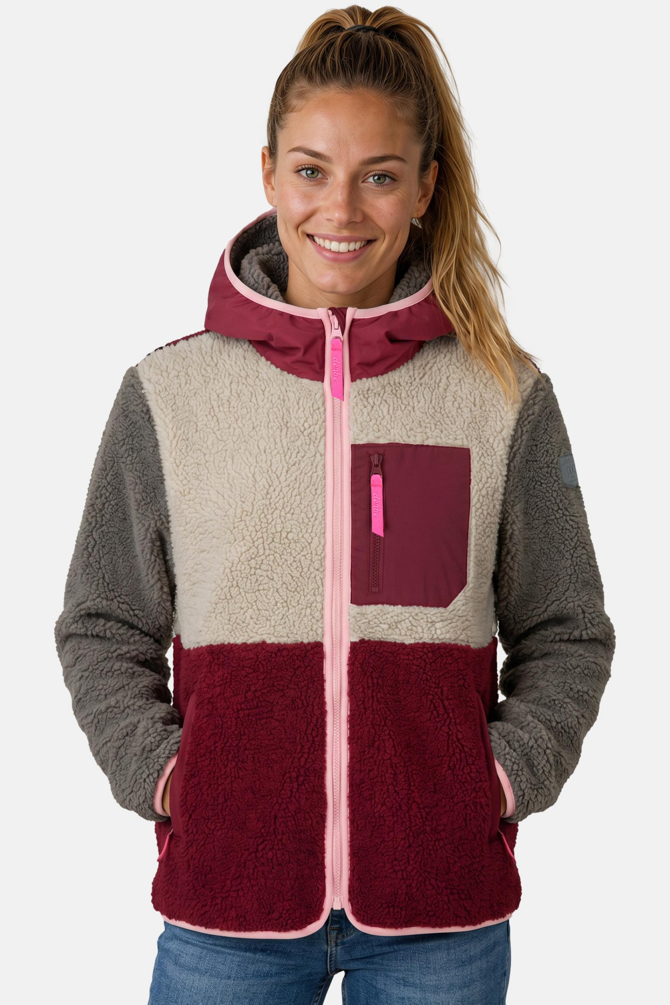 Derbe Damen Fleecejacke Kuschelby Rot Beige Braun Colorblocking Teddy