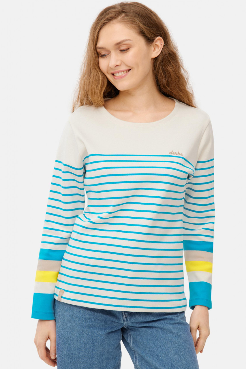 Derbe Streifenshirt Interstriped Block Damen Weiß Türkis Langarmshirt GOTS Organic