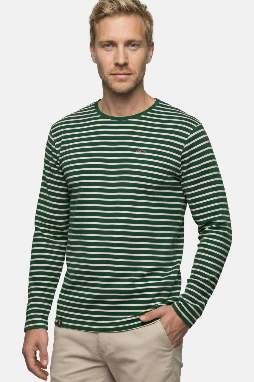 Derbe Streifenshirt Interstriped Herren Grün Weiß Langarmshirt GOTS Organic