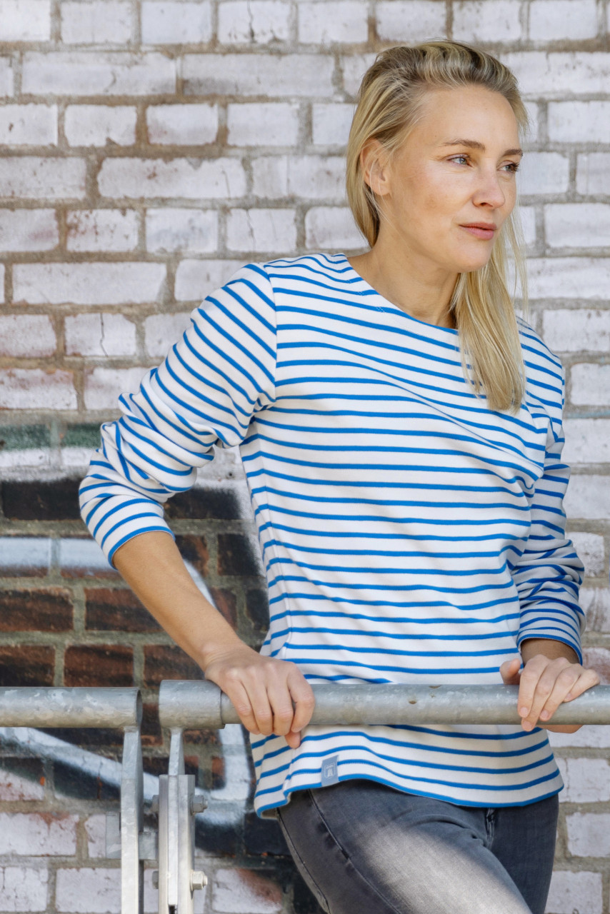 Derbe Langarmshirt Interstriped Damen Weiss Blau Streifenshirt