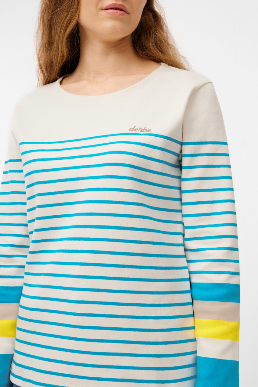 Derbe Streifenshirt Interstriped Block Damen Weiß Türkis Langarmshirt GOTS Organic