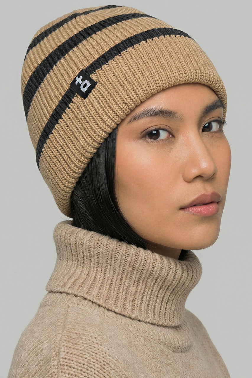 Derbe Strickmütze Beige Schwarz Lülü Striped GOTS Organic