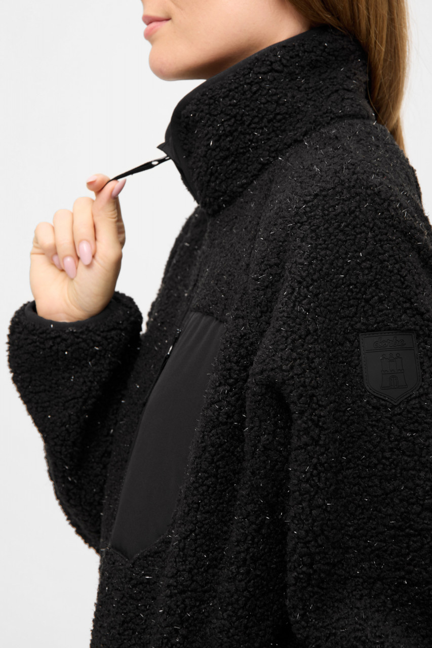 Derbe Damen Fleecejacke Kuschelby Long Schwarz Teddy Glitzer