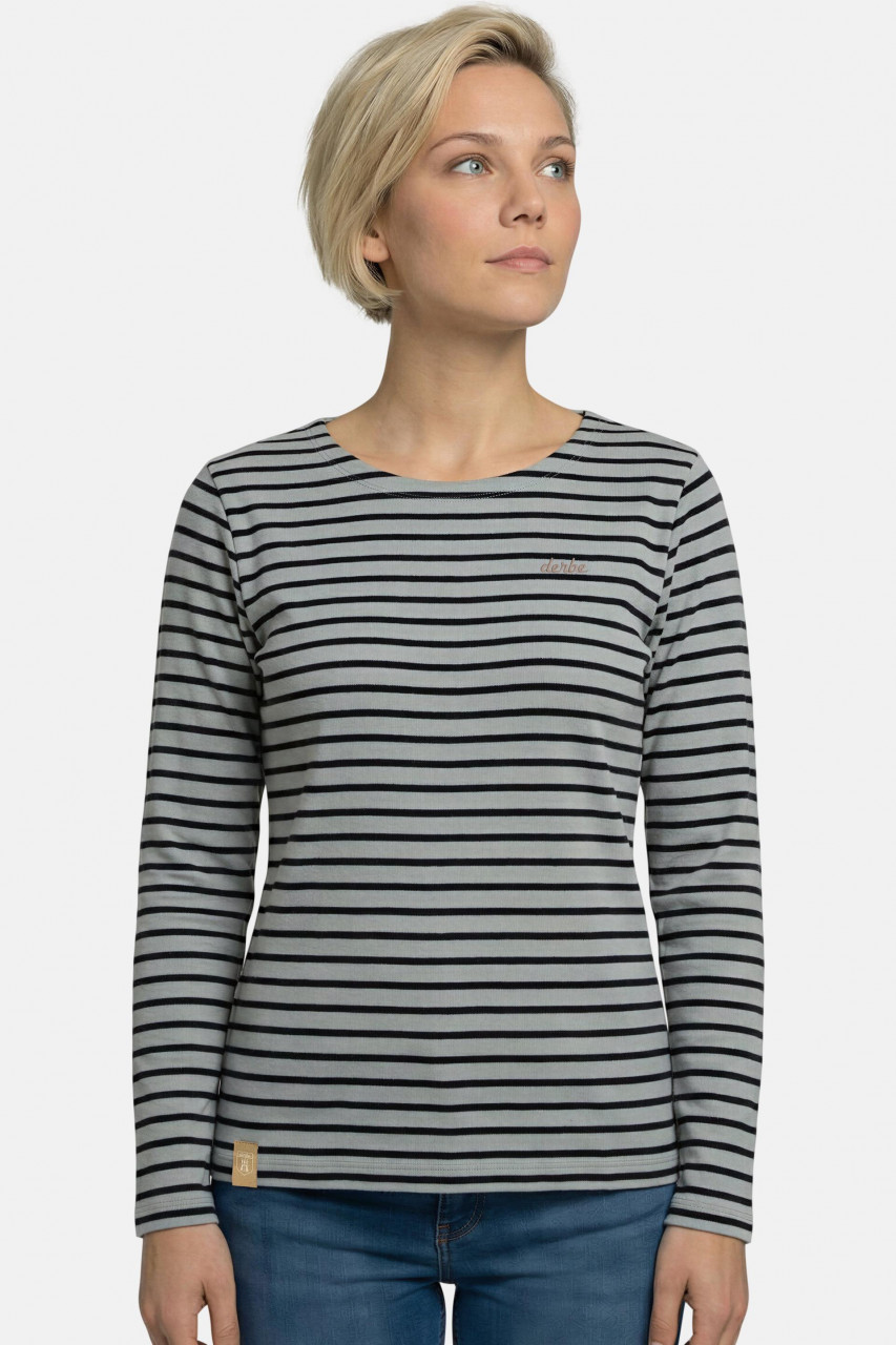 Derbe Streifenshirt Interstriped Damen Grau Schwarz Langarmshirt GOTS Organic