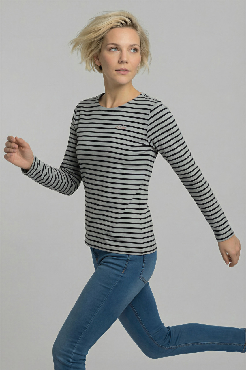 Derbe Streifenshirt Interstriped Damen Grau Schwarz Langarmshirt GOTS Organic