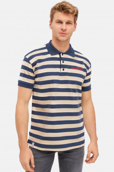 Derbe Feel Good Herren Polo Shirt Navy Dunkelblau Beige Gestreift
