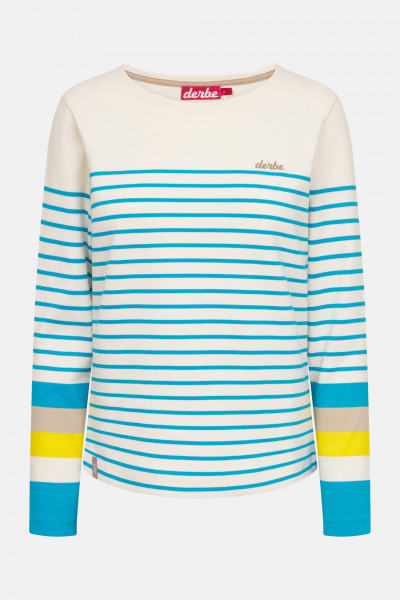 Derbe Streifenshirt Interstriped Block Damen Weiß Türkis Langarmshirt GOTS Organic