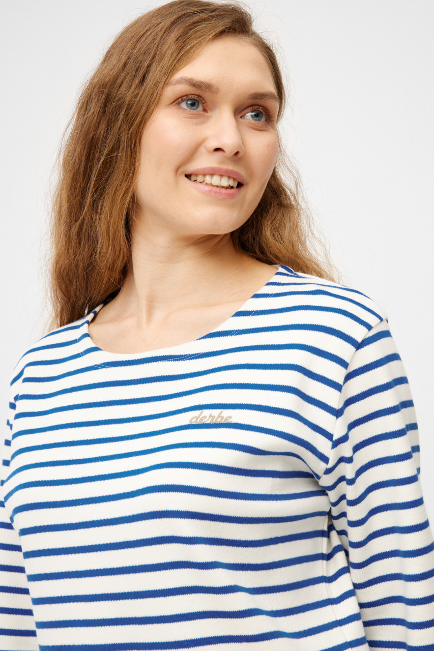 Derbe Streifenshirt Interstriped Damen Weiß Blau Langarmshirt GOTS Organic