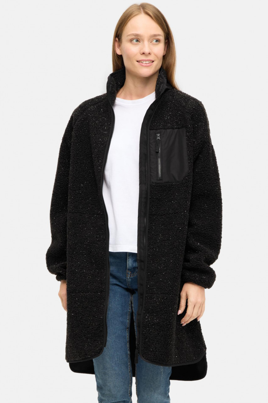 Derbe Damen Fleecejacke Kuschelby Long Schwarz Teddy Glitzer