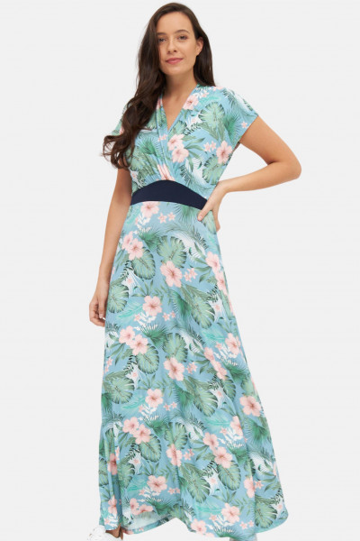 Derbe Hawa Damen Kleid Allover Long Blumen Türkis Rosa Forget Me Not Nachhaltig