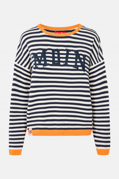 Derbe Moin Striped Damen Pullover Navy Sun Orange Blau Weiß Orange Gestreift Strickpullover Baumwoll